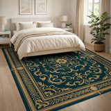 Ornate Teal Gold Floral Medallion Rug