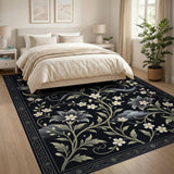 Elegant Black White Lily Floral Area Rug