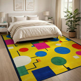Washable Vibrant Yellow Geometric Bauhaus Area Rug - Low Pile