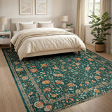 Teal Persian Floral Area Rug with Rust Accents