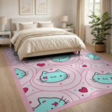 Kawaii Cyan Cat Hearts Pink Area Rug