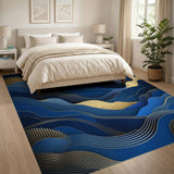 Navy Blue Gold Layered Abstract Wave Rug