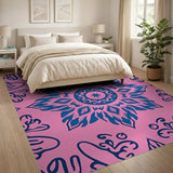 Boho Pink Mandala Area Rug with Navy Motifs