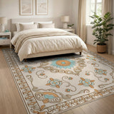 Teal Floral Medallion Cream Persian Area Rug