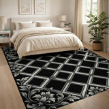 Black White Diamond Lattice Rug with Ornate Florals