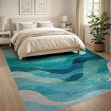 Blue and Teal Teal Blue Layered Wave Abstract Area Rug