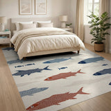 Striped Fish Coastal Area Rug in Navy Red
