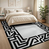 Black White Labyrinth Maze Border Area Rug