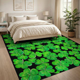 Vibrant Green Four-Leaf Clover Area Rug on Black