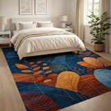 ODIKA Washable Abstract Botanical Area Rug - Navy & Orange Modern Low Pile Non-Slip Rug