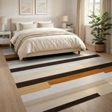 Washable Modern Geometric Striped Area Rug - Brown & Beige Earth Tones