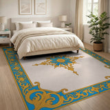 Ornate Blue Gold Starburst Frame Area Rug