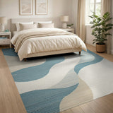ODIKA Washable Abstract Wave Area Rug - Modern Teal & Beige Low Pile Non-Slip Rug