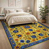 ODIKA Washable Yellow and Blue Floral Bohemian Area Rug - Low Pile & Non-Slip