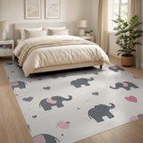 Grey Elephant Pink Heart Nursery Rug