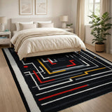 Geometric Maze Abstract Area Rug Black Red Yellow