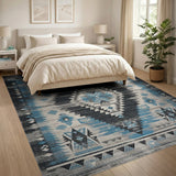 Distressed Blue Teal Southwestern Geometric Rug