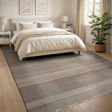 Brown Tan Geometric Woven Stripe Fringe Rug