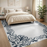 Black and White Ornate Floral Vine Border Area Rug