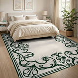 Ornate Green Scrollwork Border Area Rug