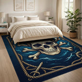 Blue Skull Crossbones Rope Border Area Rug