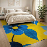 Sunny Yellow Rug with Bold Blue Flowers
