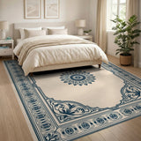 Ornate Navy Floral Border Blue and Teal Area Rug