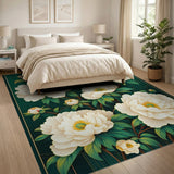 Green Emerald Green White Peony Floral Area Rug