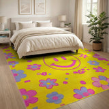 Playful Pixel Smiley Flower Yellow Area Rug
