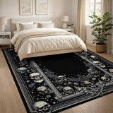 Washable Gothic Skull & Floral Area Rug - Dark Vintage Low Pile
