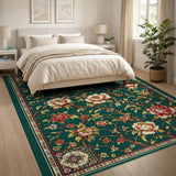 Emerald Green Peony Persian Area Rug