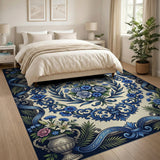 Ornate Blue Cornflower Rose Medallion Rug