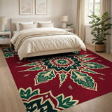 Red Mandala Area Rug with Intricate Green Leaves