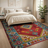 Vibrant Red Teal Heritage Tribal Area Rug