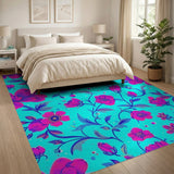 Vibrant Pink Camellia Teal Floral Area Rug