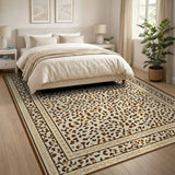 Beige and Neutral Cream Leopard Print Area Rug with Tan Border