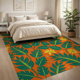 Vibrant Orange Palm Leaf Flower Area Rug