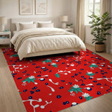 Vibrant Red Berry Floral Pattern Area Rug