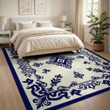 Navy Blue Ornate Damask Border Area Rug