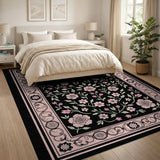 Vintage Pink Rose Floral Black Area Rug