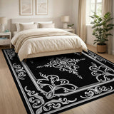 Ornate Black White Floral Medallion Black and White Rug