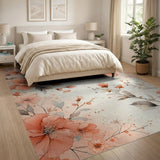 ODIKA Peach Watercolor Floral Washable Area Rug - Low Pile, Non-Slip & Pet Friendly