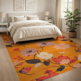 Vibrant Orange Floral Area Rug with Pink Blooms