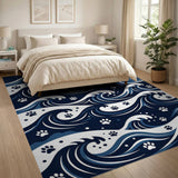 Navy Ocean Waves with Paw Prints Area Rug