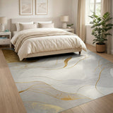 ODIKA Modern Abstract Gold and White Washable Area Rug - Low Pile Non-Slip Living Room Carpet