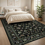 Black Floral Persian Area Rug with Vine Motifs