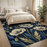 Cream Poppy Floral Area Rug on Navy