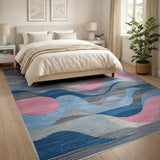 Abstract Wave Geometric Area Rug in Blue Pink Grey
