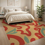 Red Swirling Vine Leaf Beige Area Rug