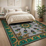 Ornate Green Gold Sunburst Persian Medallion Rug